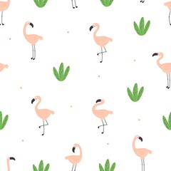Seamless pattern with cute cartoon flamingos, plant. hand drawing. Flat colorful vector. animal theme. design for fabric, textile, print, wrapper