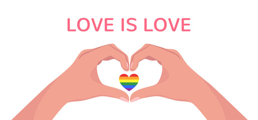 Man hands making heart shape gesture with lgbt rainbow in flat style. Web banner with phrase Love is Love. Celebrating Pride Month Against Violence, Discrimination, Human Rights Violation. Vector