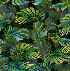 Fototapeta na wymiar Tropical pattern with green monstera leaves. Seamless print painted with watercolor