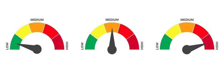 Vector Speedometer Scale from green to red with arrow and text low, medium and high