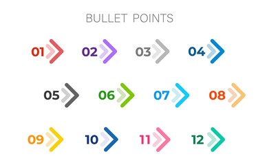 Colourful arrows set isolated. Direction number bullet points from one to twelve. - obrazy, fototapety, plakaty
