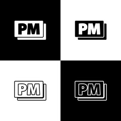 Set Clock PM icon isolated on black and white background. Time symbol. Vector