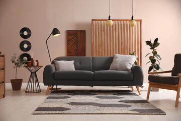 Stylish living room interior with comfortable dark sofa - obrazy, fototapety, plakaty