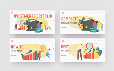 Obraz na płótnie Canvas Investor Portfolio Landing Page Template Set. Tiny Characters at Huge Briefcase with Glass, Money Pile and Grow Chart