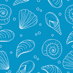 Seamless pattern with hand drawn seashells on the blue background. Doodle, simple outline illustration. It can be used for decoration of textile, paper.