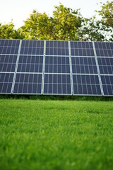 New solar panels in the summer garden with green grass