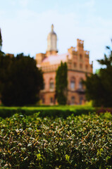 Blurred silhouette of ancient building of Residence of Bukovinian and Dalmatian Metropolitans (Chernivtsi National University).UNESCO World Heritage Site. Abstract background, blurred background