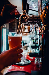 bartender hand at beer tap pouring a draught beer in glass serving in a bar or pub
