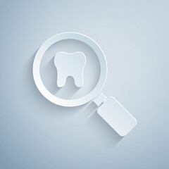 Paper cut Dental search icon isolated on grey background. Tooth symbol for dentistry clinic or dentist medical center. Paper art style. Vector