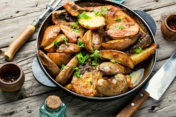 Chicken baked with potatoes in a iron cast pan