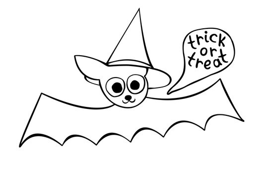 Cute bat drawn in cartoon doodle style. Treat or trick -lettering in speech bubble. Vector outline illustration isolated on white background. For coloring book page, halloween design, greeting card