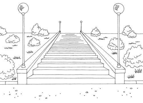 Park stairs graphic black white garden landscape sketch illustration vector
