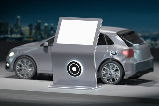 Power supply connect to electric vehicle to charge the battery - 3d rendering © Production Perig