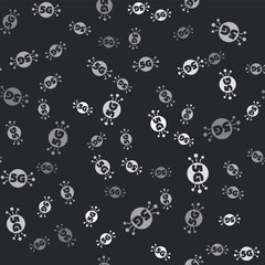 Grey 5G new wireless internet wifi connection icon isolated seamless pattern on black background. Global network high speed connection data rate technology. Vector