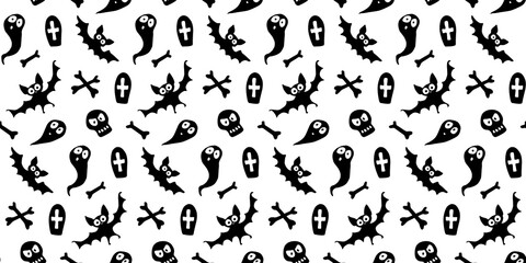 Happy Halloween-seamless pattern with set of characters-bats, ghosts, skulls and bones. Textured background for greeting card, invitation, party poster, banner