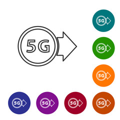 Black line 5G new wireless internet wifi connection icon isolated on white background. Global network high speed connection data rate technology. Set icons in color circle buttons. Vector