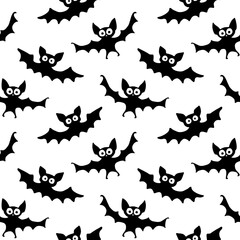 Flying bats seamless pattern. Cute Spooky vector Illustration. Halloween backgrounds and textures in flat cartoon gothic style. Black silhouettes animals on sky