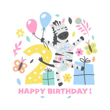 Happy birthday Cute illustration with zebra for greeting card and poster