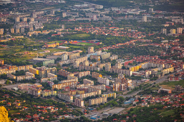 Sunset over  Sliven city, aerial panoramic view of town