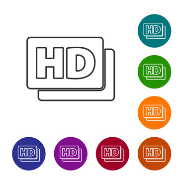 Black line Hd movie, tape, frame icon isolated on white background. Set icons in color circle buttons. Vector