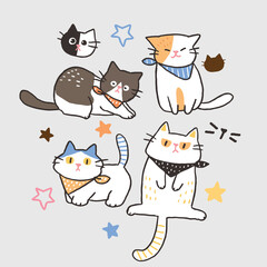 Vector Illustration of Hand Drawn Cat Characters on Isolated Background