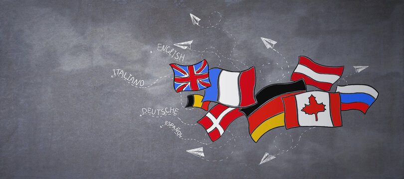 Creative flags sketch with airplanes on concrete wall background with mock up place. Travel and foreign languages workshop concept.