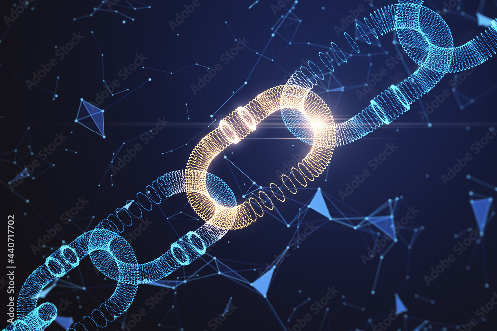 Aufkleber blockchain security digital technology concept with glowing blue digital chain on dark backdrop. 3d 