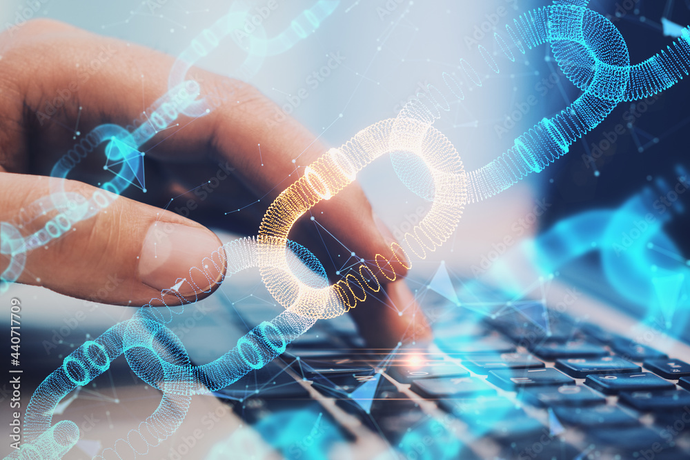 Poster blockchain cryptocurrency global network concept with digital chain screen on man hand typing on lap