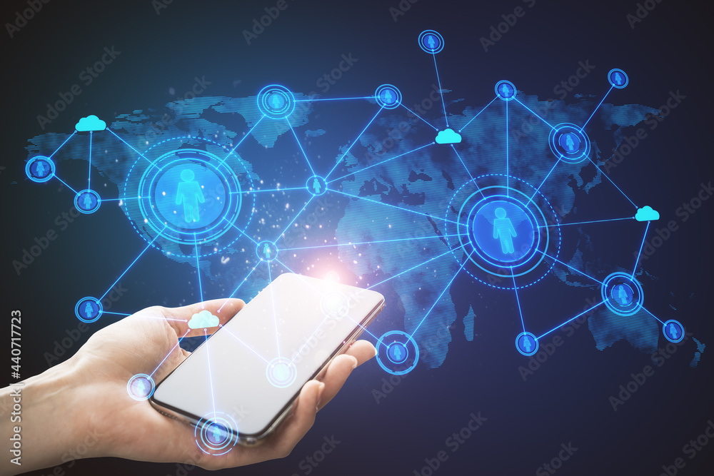 Aufkleber Close up of hands using cellphone with abstract social network hologram on blue background. Recruiting and cloud technology concept.
