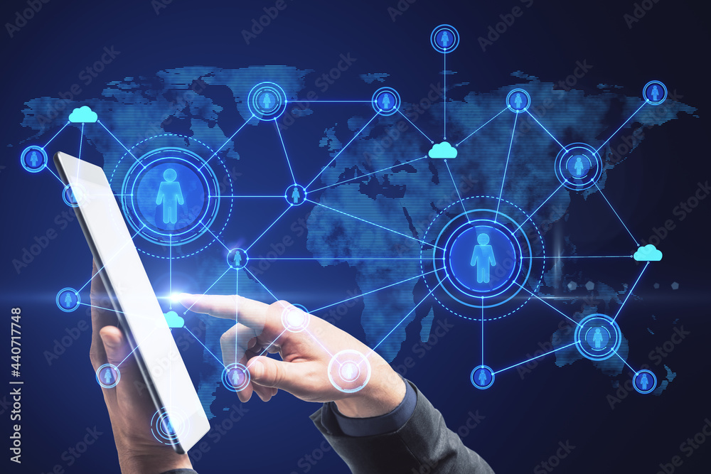 Aufkleber Close up of hands using smartphone with abstract social network hologram on blue background. Recruiting and cloud technology concept.