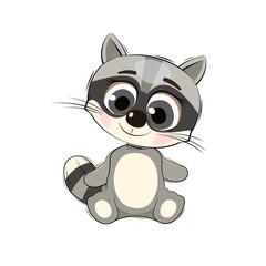 Little raccoon cub. Isolated object on a white background. Cheerful kind animal child. Cartoons flat style. Funny. Vector