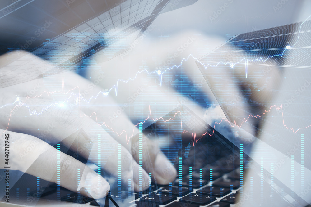 Aufkleber close up of hands using laptop with forex chart on blurry desktop background. finance and price conc