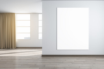 Modern white concrete interior with city view, sunlight and empty frame on blank wall. Mock up, 3D Rendering.