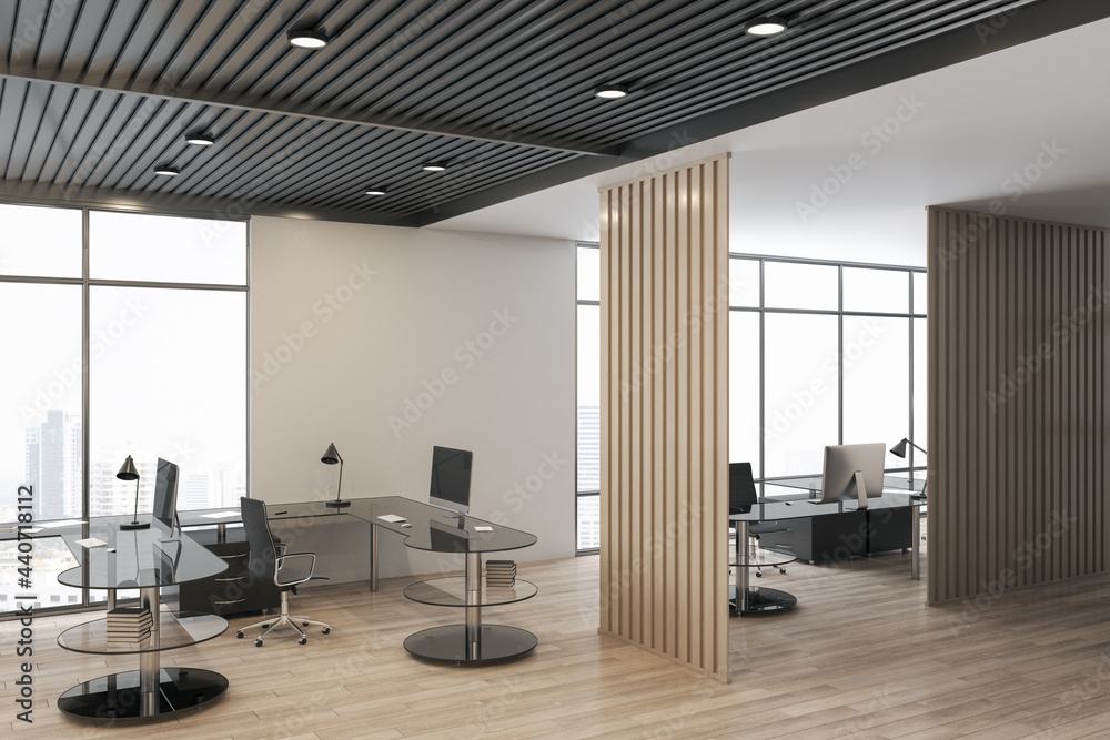 Poster stylish open space office hall with dark glass tables, wooden partitions and city view from big wind