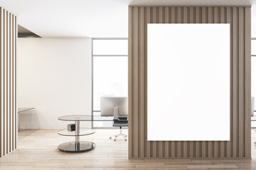 Modern office interior with city view, furniture and empty poster on wooden partition. Mock up, 3D Rendering.