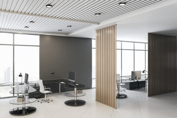 Modern concrete coworking office interior with city view, daylight and partition. 3D Rendering.