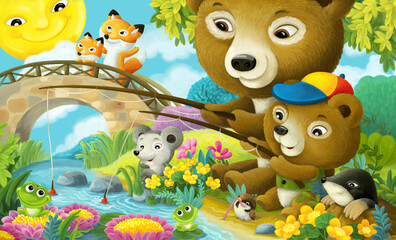 cartoon forest animals friends in forest illustration