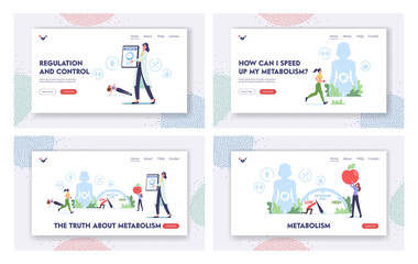 Obraz na płótnie Canvas Human Metabolism Landing Page Template Set. Tiny Characters at Huge Body with Digestive Tract Biochemistry Process