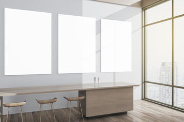 Modern panoramic concrete living room interior with empty posters, city view, sunlight, counters and bookshelf. Mock up, 3D Rendering.