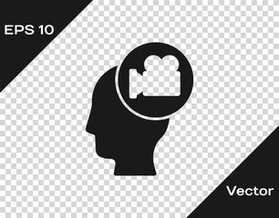 Black Head with camera icon isolated on transparent background. Video camera. Movie sign. Film projector. Vector