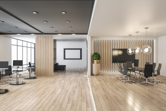 Spacious eco style office with wooden slatted partition walls and floor, dark picture frame and modern work places and conference room with black glass table. 3D rendering.