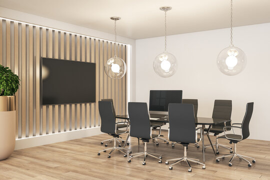 Modern eco style meeting room interior design with wooden slatted wall and parquet, big tv screen and black conference table and chairs around. 3D rendering.