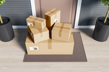 Cardboard boxes on rug at modern house entrance. Online delivery and purchase concept. 3D Rendering.