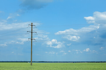 Fototapeta na wymiar Field with telephone pole under cloudy sky