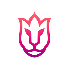 Lion and lotus flower with flat minimalist style in white background , vector template logo design