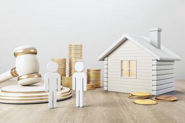 White house with golden coin stacks, male, female and gavel on concrete and wooden background. Divorce and property division concept. 3D Rendering.
