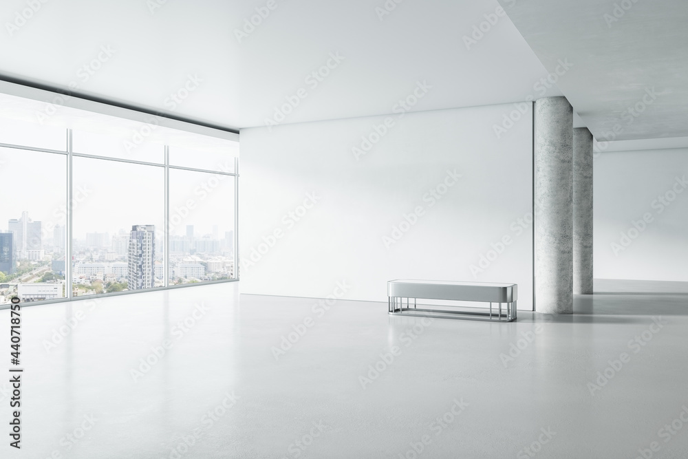 Poster modern white concrete gallery interior with panoramic window city view, empty mockup place for your 