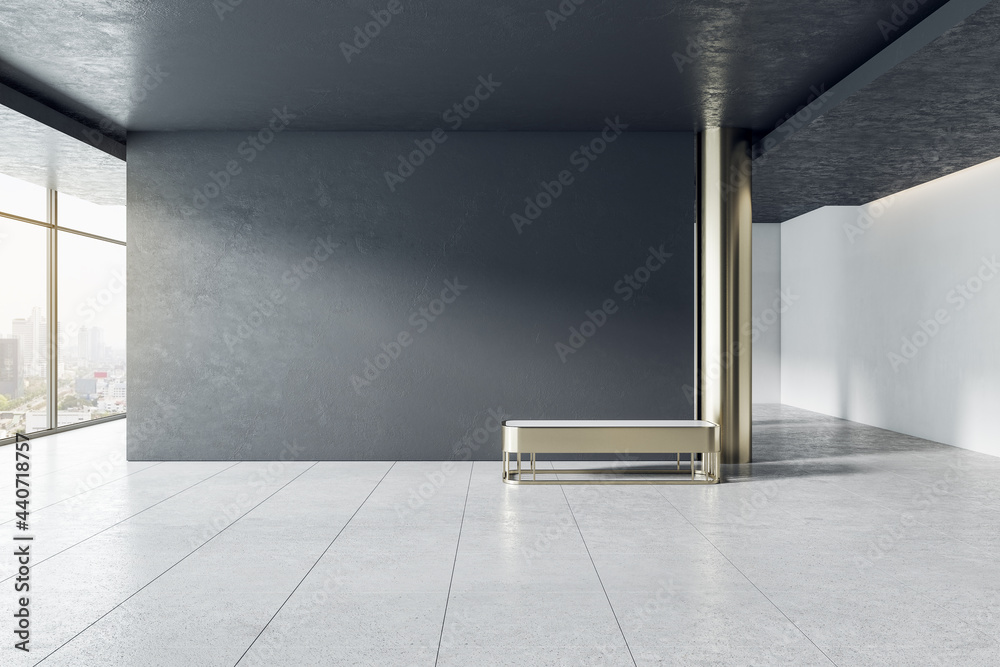 Poster light grey concrete gallery interior with panoramic window city view, empty mockup place for your ad