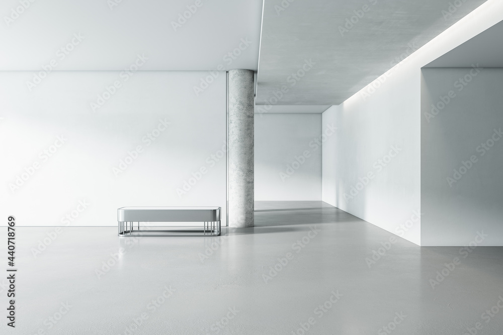 Poster bright white concrete gallery interior with panoramic window city view, empty mockup place for your 
