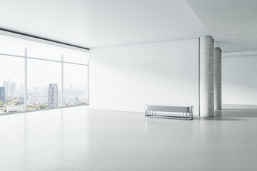 Modern white concrete gallery interior with panoramic window city view, empty mockup place for your advertisement and seat. Mock up, 3D Rendering.